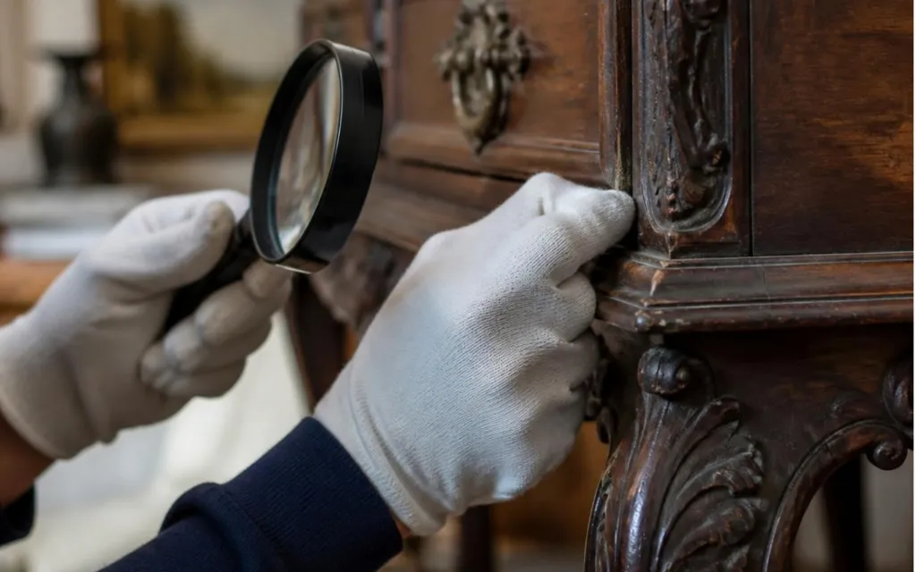Mains gantées tenant une loupe au-dessus d’un meuble ancien sculpté